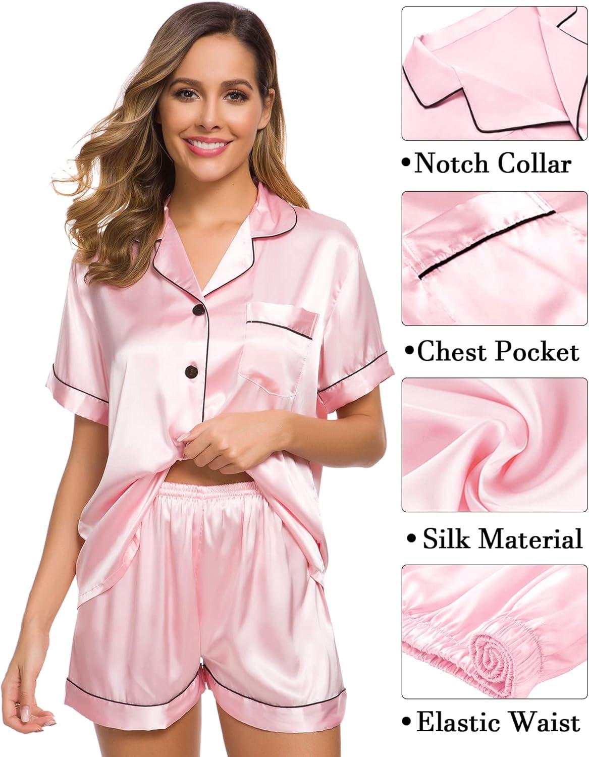 imageSWOMOG Womens Silk Satin Pajama Sets 3Pcs Button Down Pj Set Short Sleeve Sleepwear Loungewear Pjs Nightwear XSXXLPink
