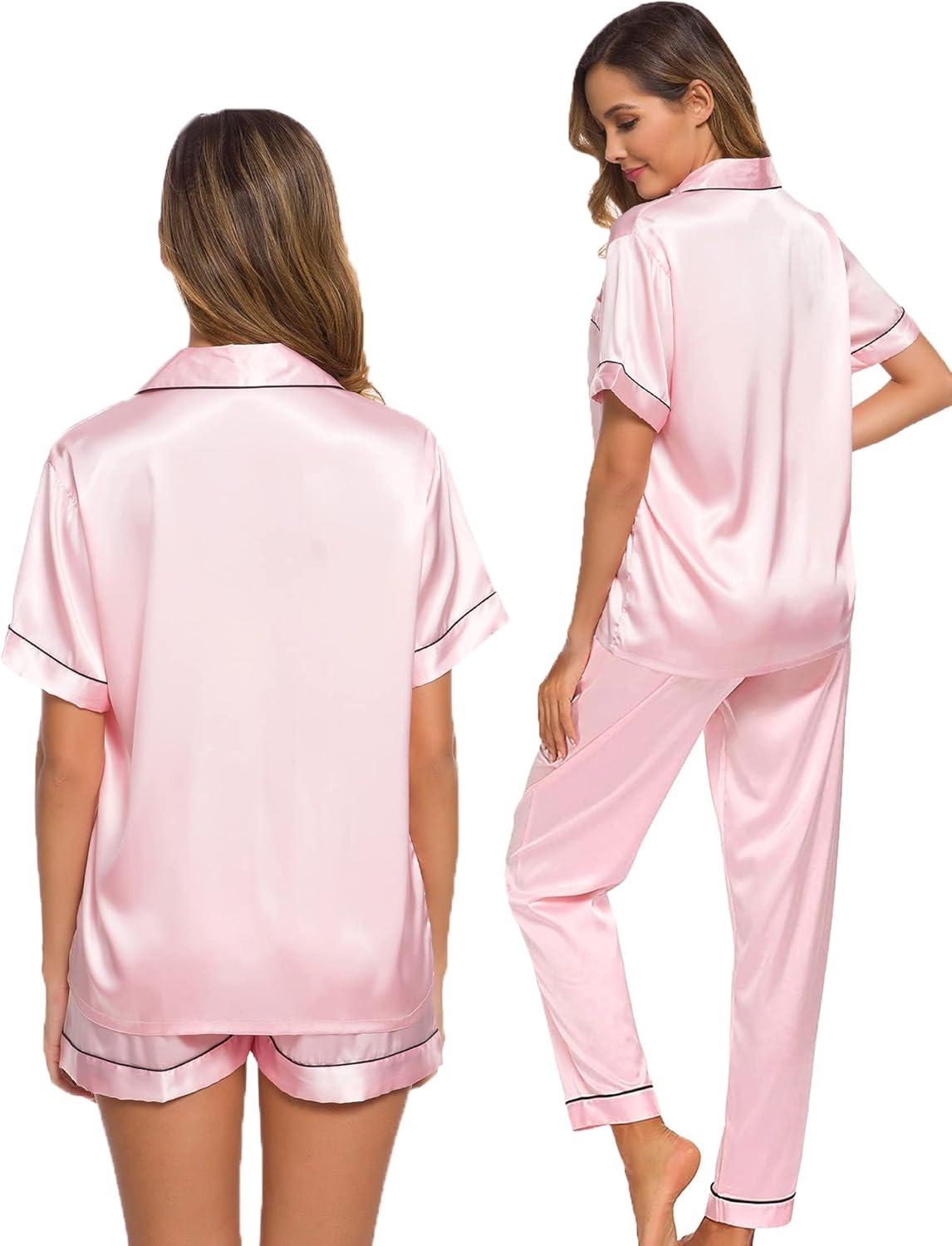imageSWOMOG Womens Silk Satin Pajama Sets 3Pcs Button Down Pj Set Short Sleeve Sleepwear Loungewear Pjs Nightwear XSXXLPink