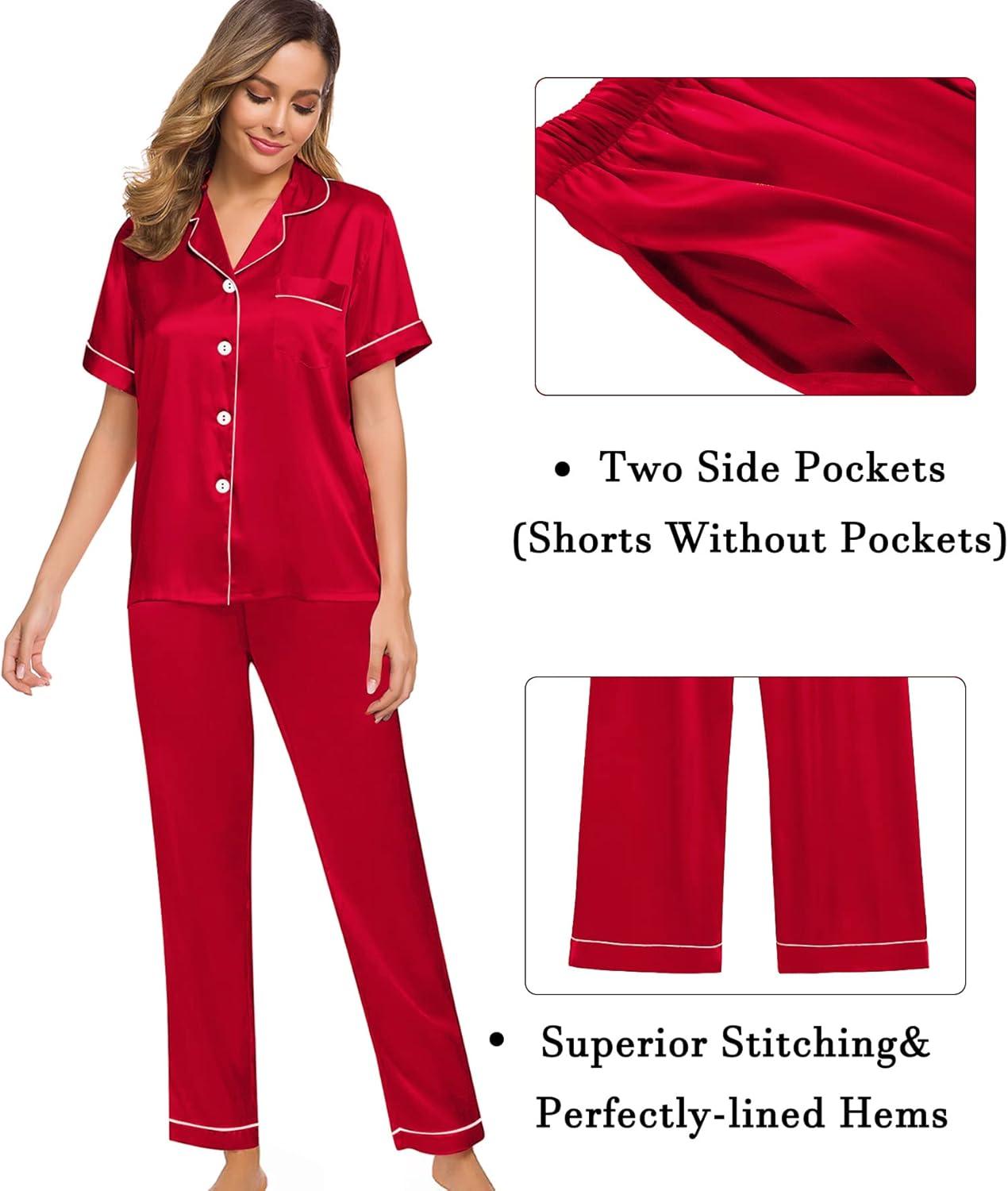 imageSWOMOG Womens Silk Satin Pajama Sets 3Pcs Button Down Pj Set Short Sleeve Sleepwear Loungewear Pjs Nightwear XSXXLRed