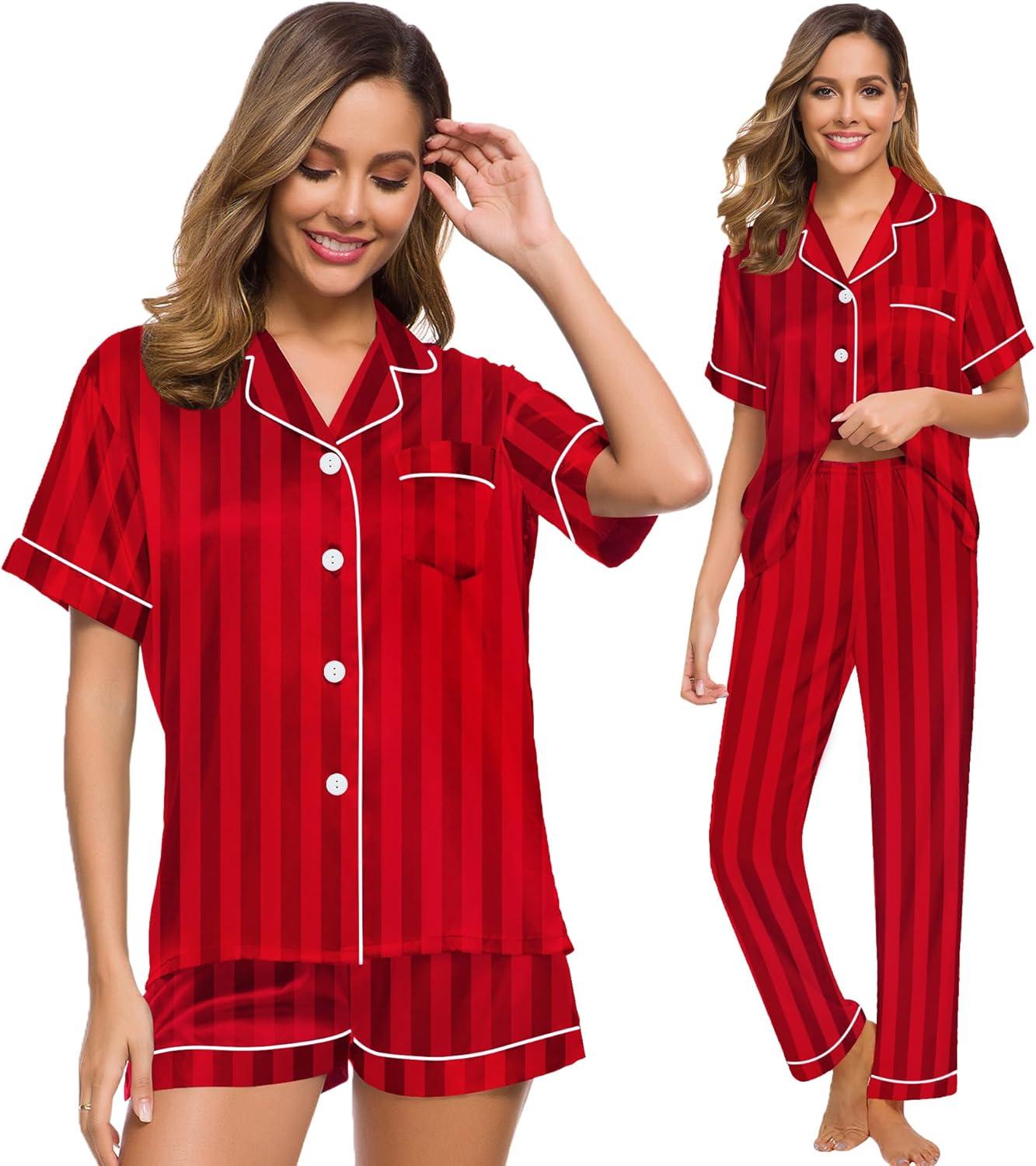 imageSWOMOG Womens Silk Satin Pajama Sets 3Pcs Button Down Pj Set Short Sleeve Sleepwear Loungewear Pjs Nightwear XSXXLRed Stripe