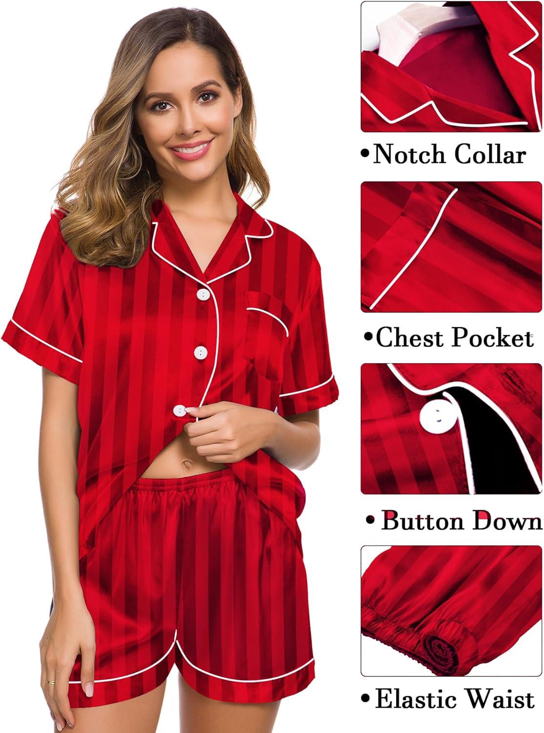 imageSWOMOG Womens Silk Satin Pajama Sets 3Pcs Button Down Pj Set Short Sleeve Sleepwear Loungewear Pjs Nightwear XSXXLRed Stripe