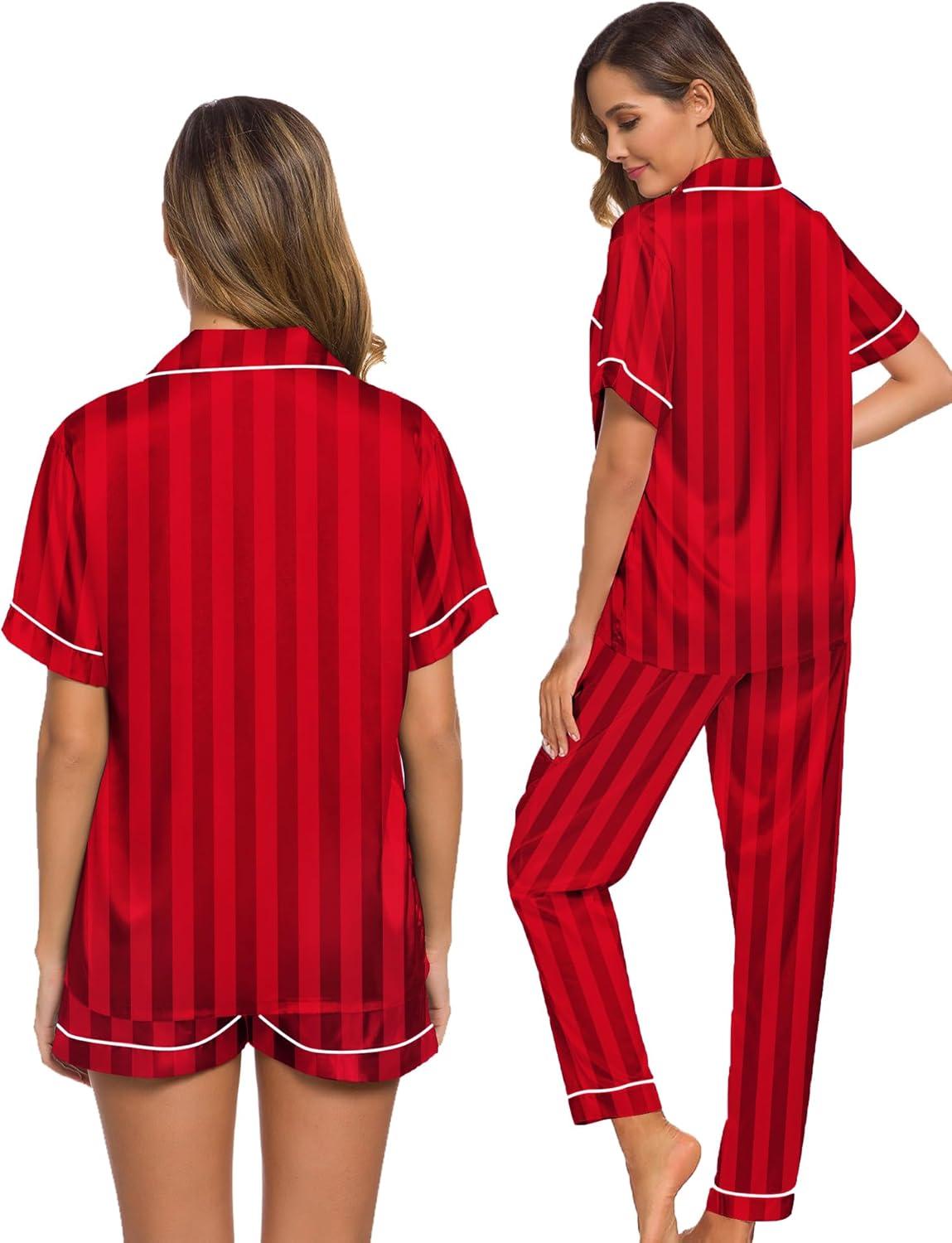 imageSWOMOG Womens Silk Satin Pajama Sets 3Pcs Button Down Pj Set Short Sleeve Sleepwear Loungewear Pjs Nightwear XSXXLRed Stripe