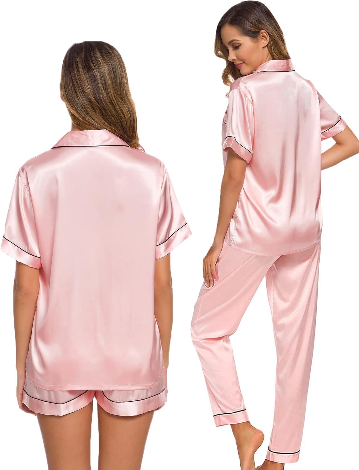 imageSWOMOG Womens Silk Satin Pajama Sets 3Pcs Button Down Pj Set Short Sleeve Sleepwear Loungewear Pjs Nightwear XSXXLSakura Pink