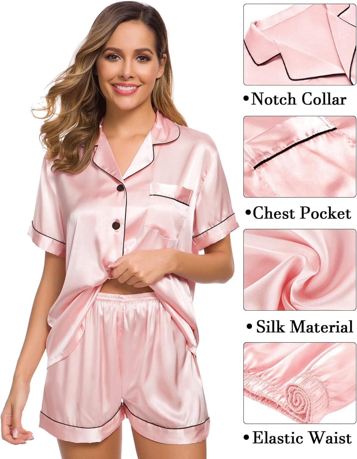 imageSWOMOG Womens Silk Satin Pajama Sets 3Pcs Button Down Pj Set Short Sleeve Sleepwear Loungewear Pjs Nightwear XSXXLSakura Pink