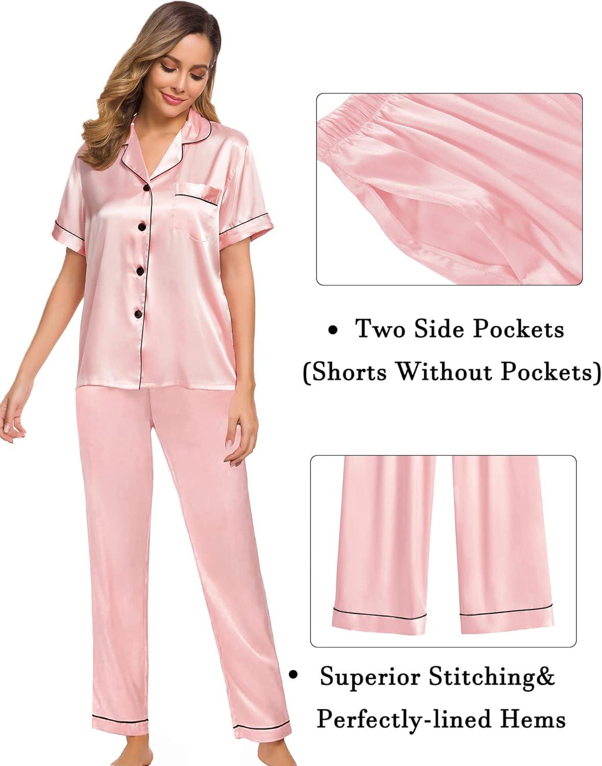 imageSWOMOG Womens Silk Satin Pajama Sets 3Pcs Button Down Pj Set Short Sleeve Sleepwear Loungewear Pjs Nightwear XSXXLSakura Pink