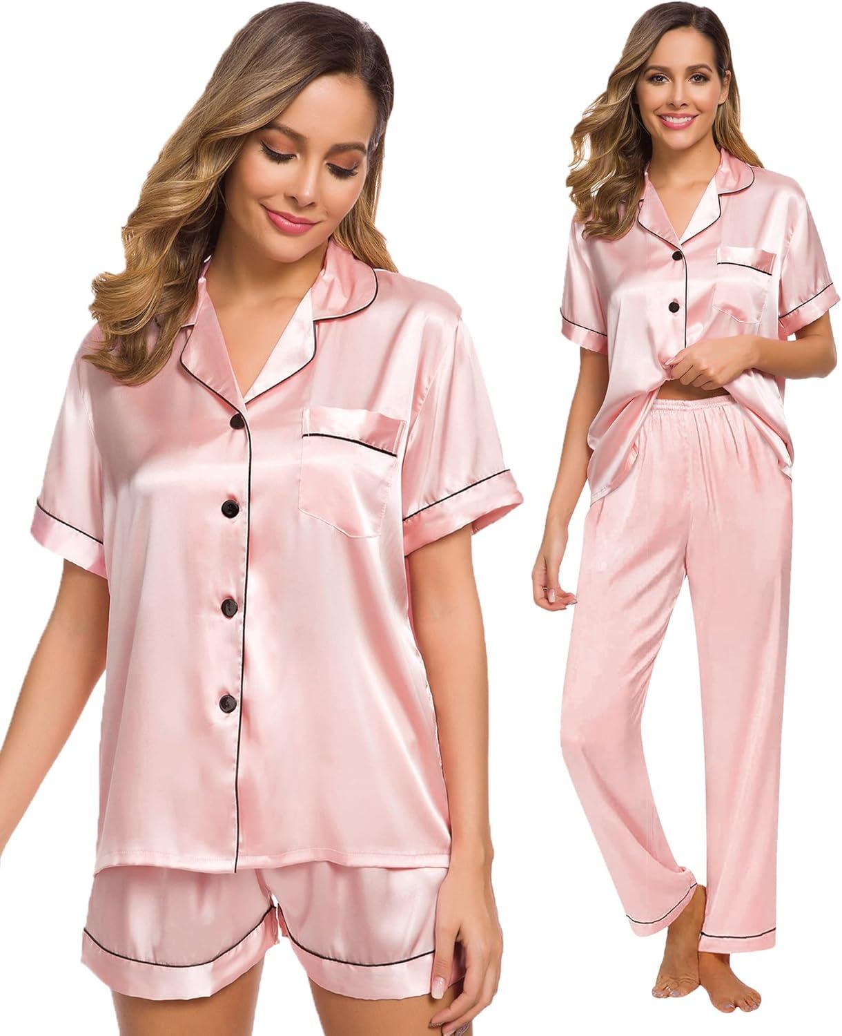 imageSWOMOG Womens Silk Satin Pajama Sets 3Pcs Button Down Pj Set Short Sleeve Sleepwear Loungewear Pjs Nightwear XSXXLSakura Pink