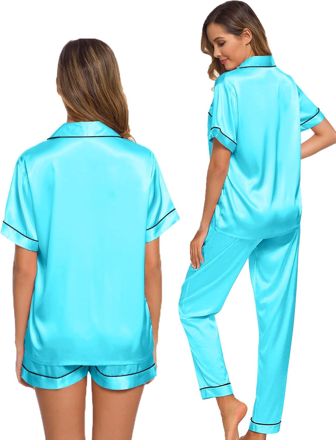 imageSWOMOG Womens Silk Satin Pajama Sets 3Pcs Button Down Pj Set Short Sleeve Sleepwear Loungewear Pjs Nightwear XSXXLTfblue