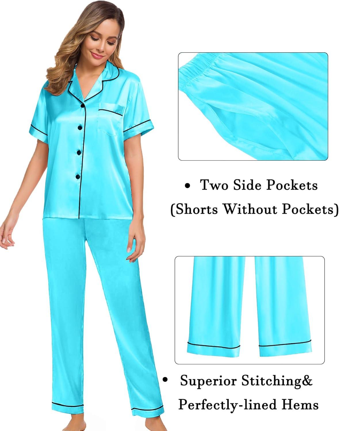 imageSWOMOG Womens Silk Satin Pajama Sets 3Pcs Button Down Pj Set Short Sleeve Sleepwear Loungewear Pjs Nightwear XSXXLTfblue