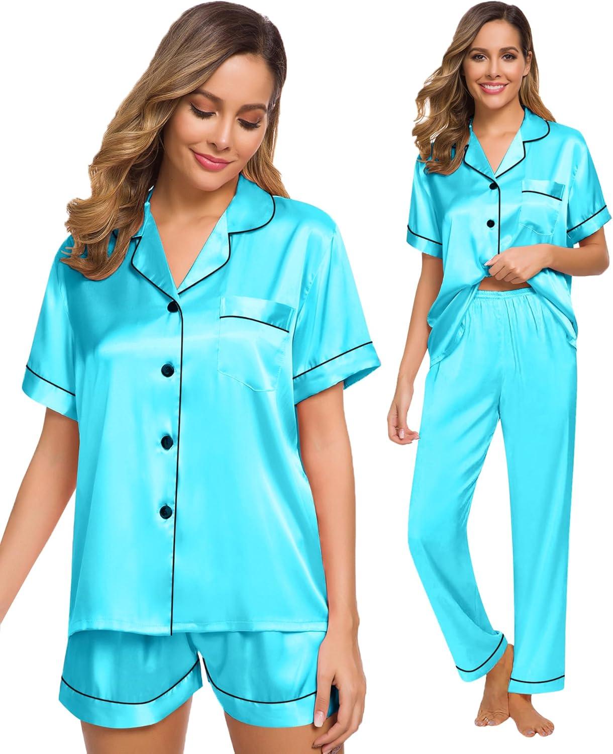 imageSWOMOG Womens Silk Satin Pajama Sets 3Pcs Button Down Pj Set Short Sleeve Sleepwear Loungewear Pjs Nightwear XSXXLTfblue