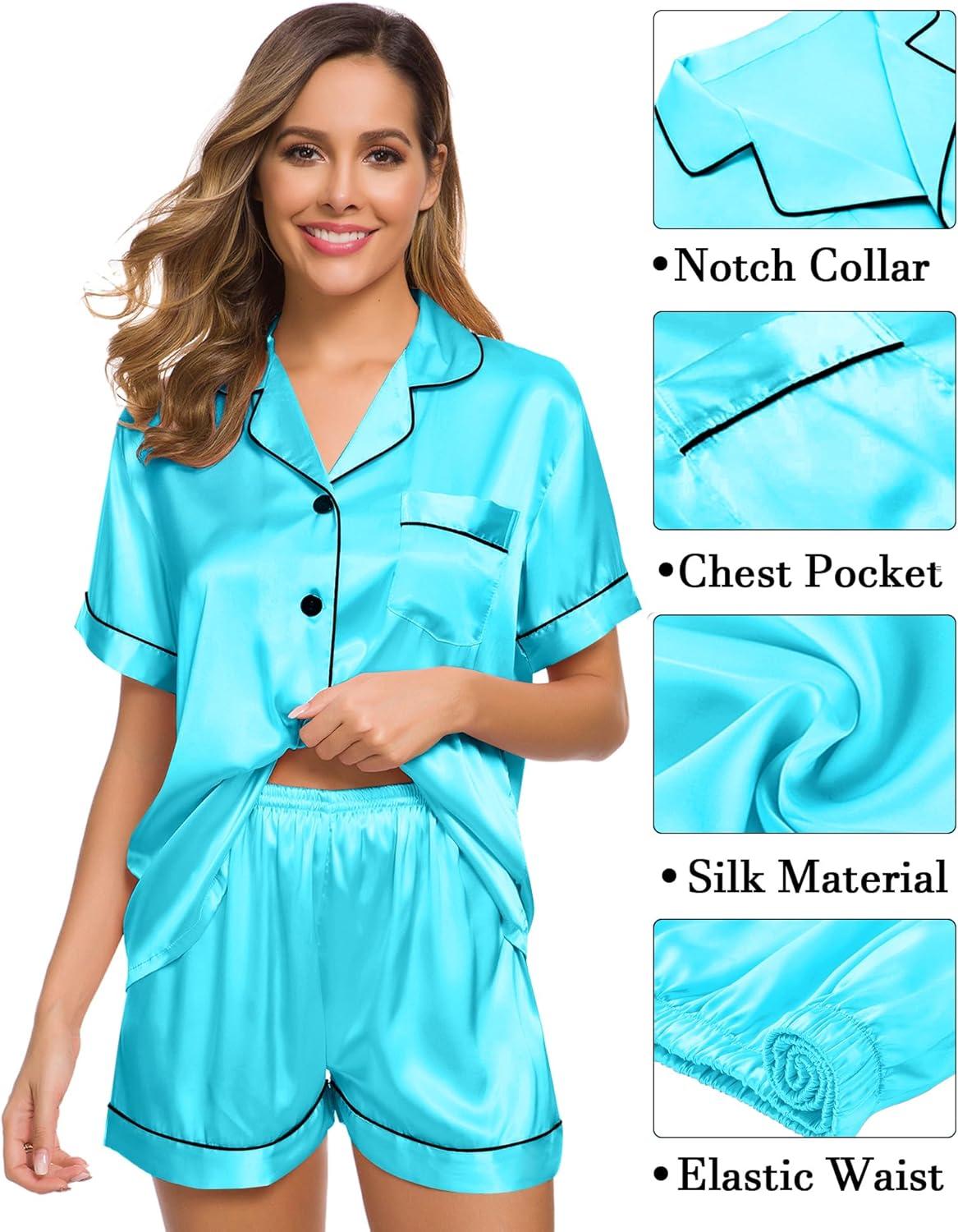 imageSWOMOG Womens Silk Satin Pajama Sets 3Pcs Button Down Pj Set Short Sleeve Sleepwear Loungewear Pjs Nightwear XSXXLTfblue