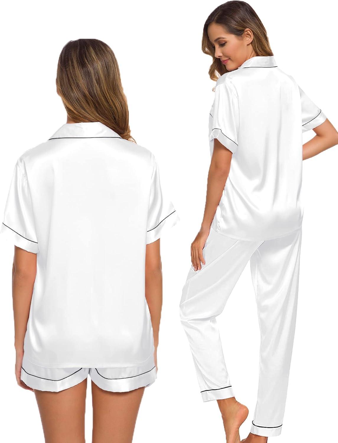 imageSWOMOG Womens Silk Satin Pajama Sets 3Pcs Button Down Pj Set Short Sleeve Sleepwear Loungewear Pjs Nightwear XSXXLWhite