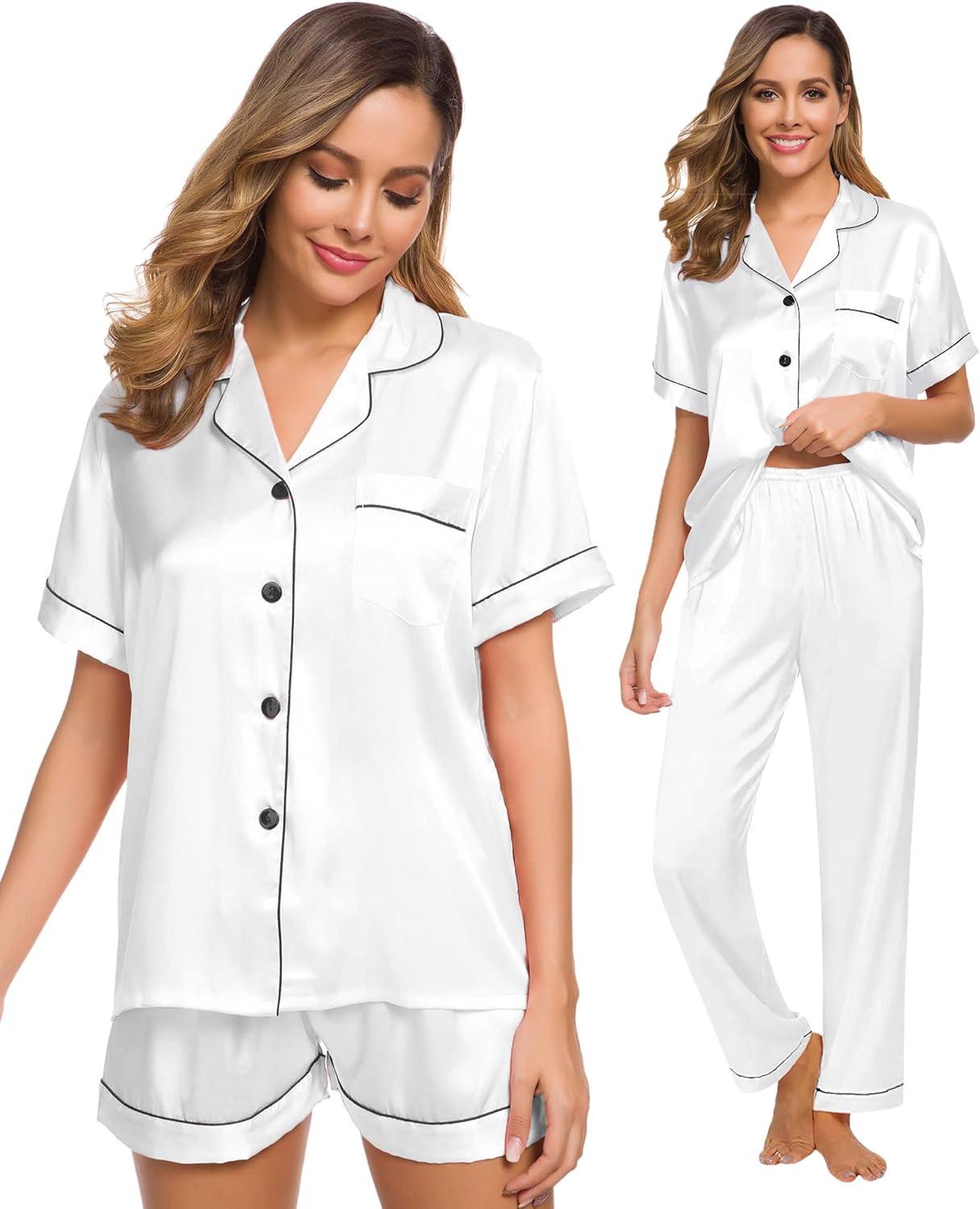 imageSWOMOG Womens Silk Satin Pajama Sets 3Pcs Button Down Pj Set Short Sleeve Sleepwear Loungewear Pjs Nightwear XSXXLWhite