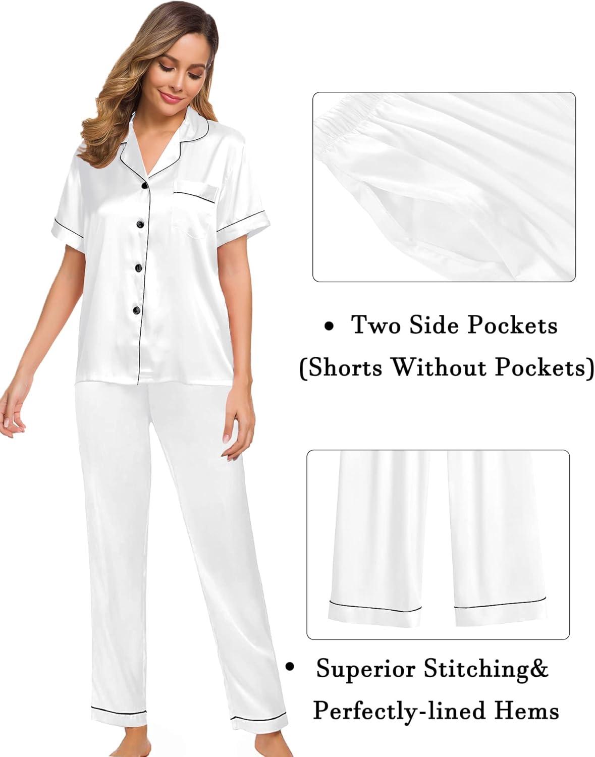 imageSWOMOG Womens Silk Satin Pajama Sets 3Pcs Button Down Pj Set Short Sleeve Sleepwear Loungewear Pjs Nightwear XSXXLWhite