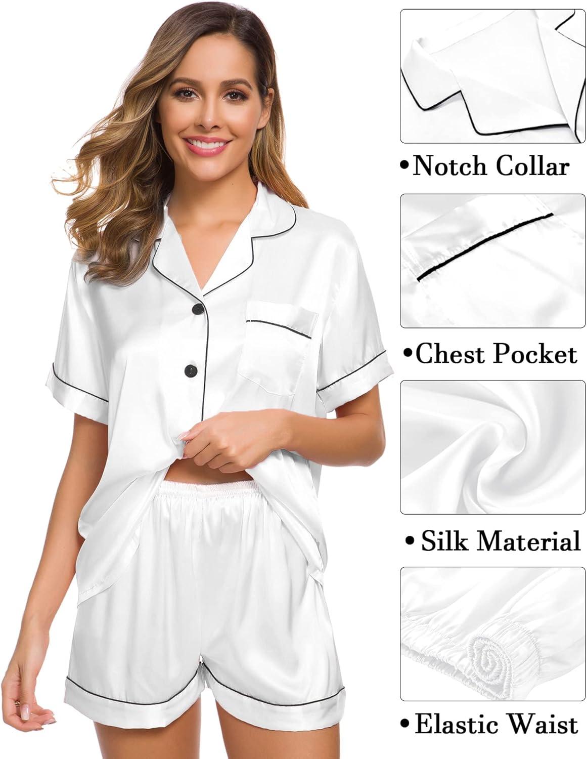 imageSWOMOG Womens Silk Satin Pajama Sets 3Pcs Button Down Pj Set Short Sleeve Sleepwear Loungewear Pjs Nightwear XSXXLWhite