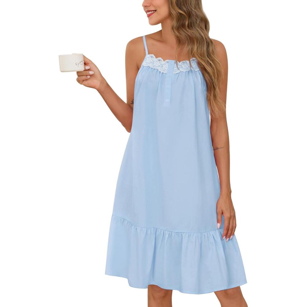 imageSWOMOG 100 Cotton Nightgowns for Women Lace Sleeveless Sleep Dress Victorian Sleepshirt Button Strap Night GownBlue