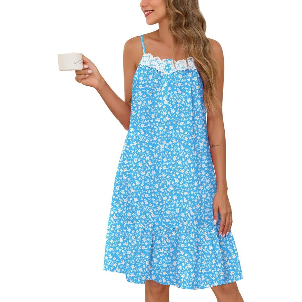 imageSWOMOG 100 Cotton Nightgowns for Women Lace Sleeveless Sleep Dress Victorian Sleepshirt Button Strap Night GownBlue Flower