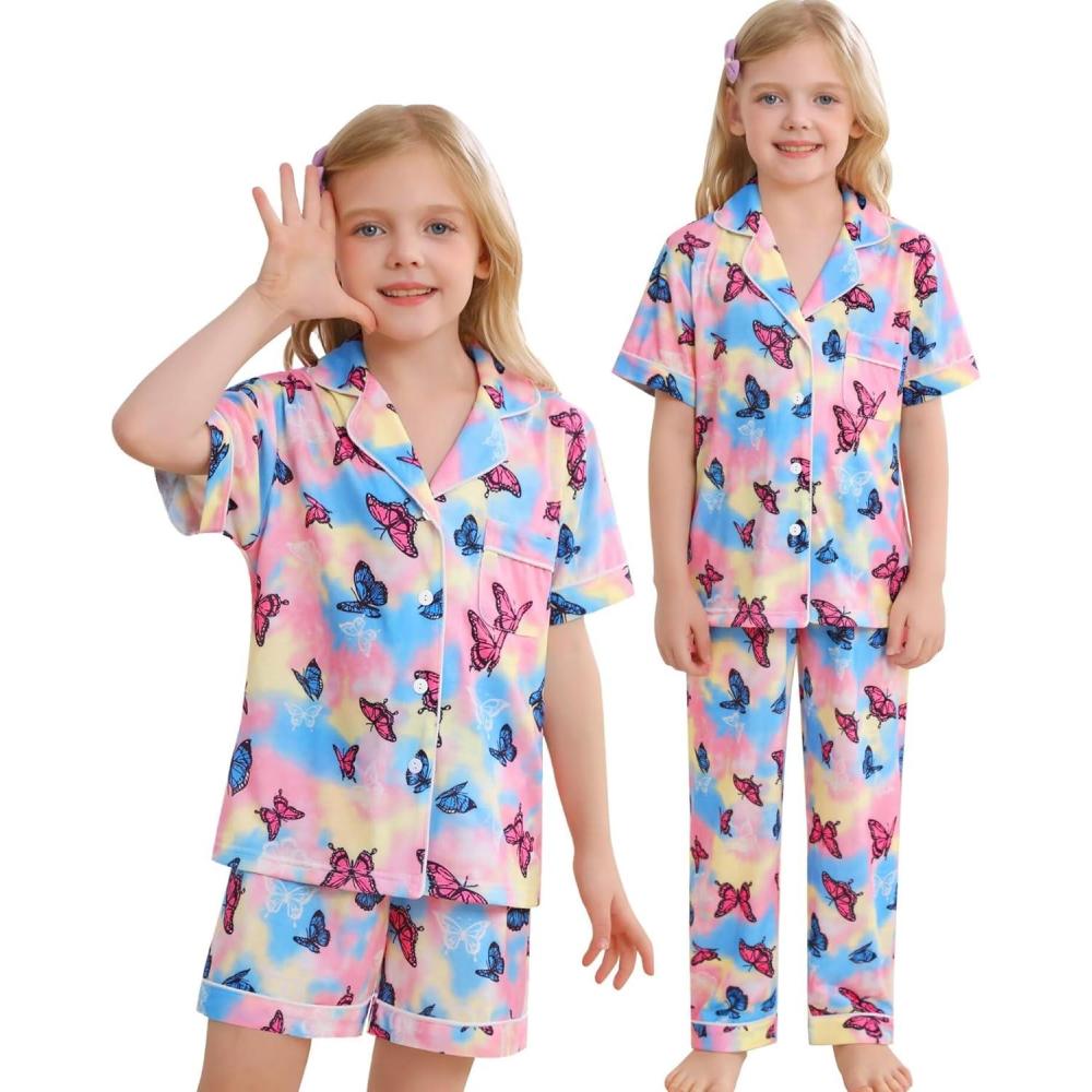 imageSWOMOG Big Girls Pajama Set 3PCS Button Dowm Sleepwear Short Sleeve with ShortampLong Pants PJs Cute Print LoungewearColorful Butterfly