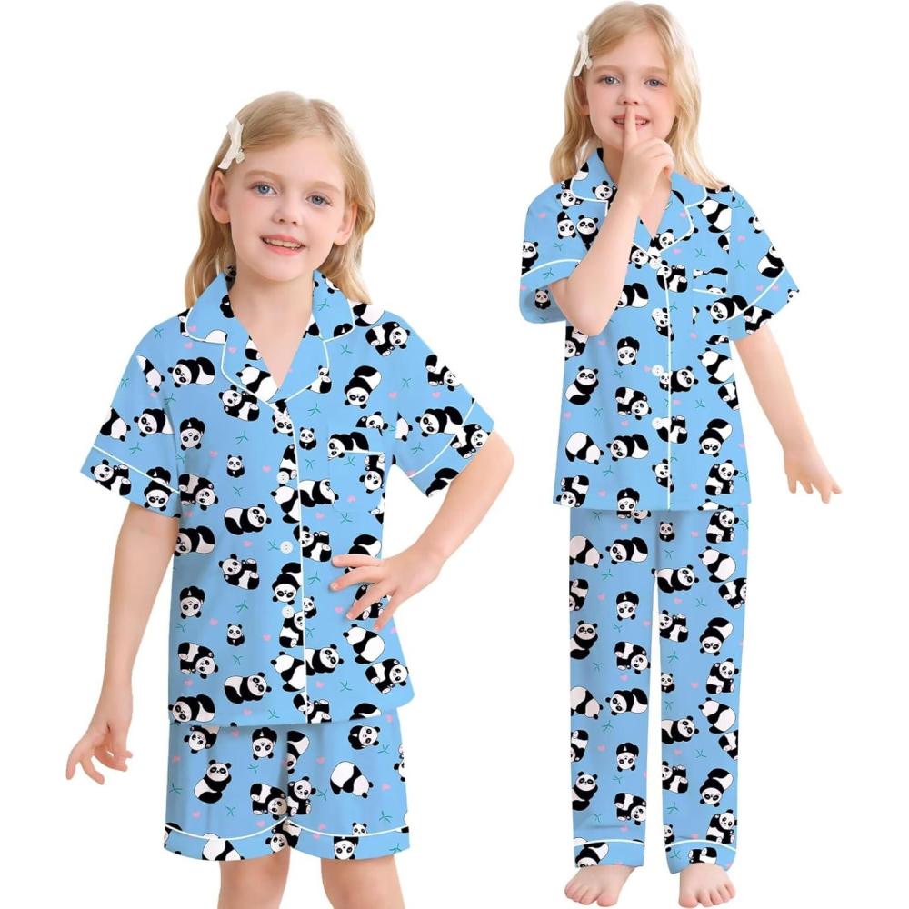 imageSWOMOG Big Girls Pajama Set 3PCS Button Dowm Sleepwear Short Sleeve with ShortampLong Pants PJs Cute Print LoungewearPanda Blue