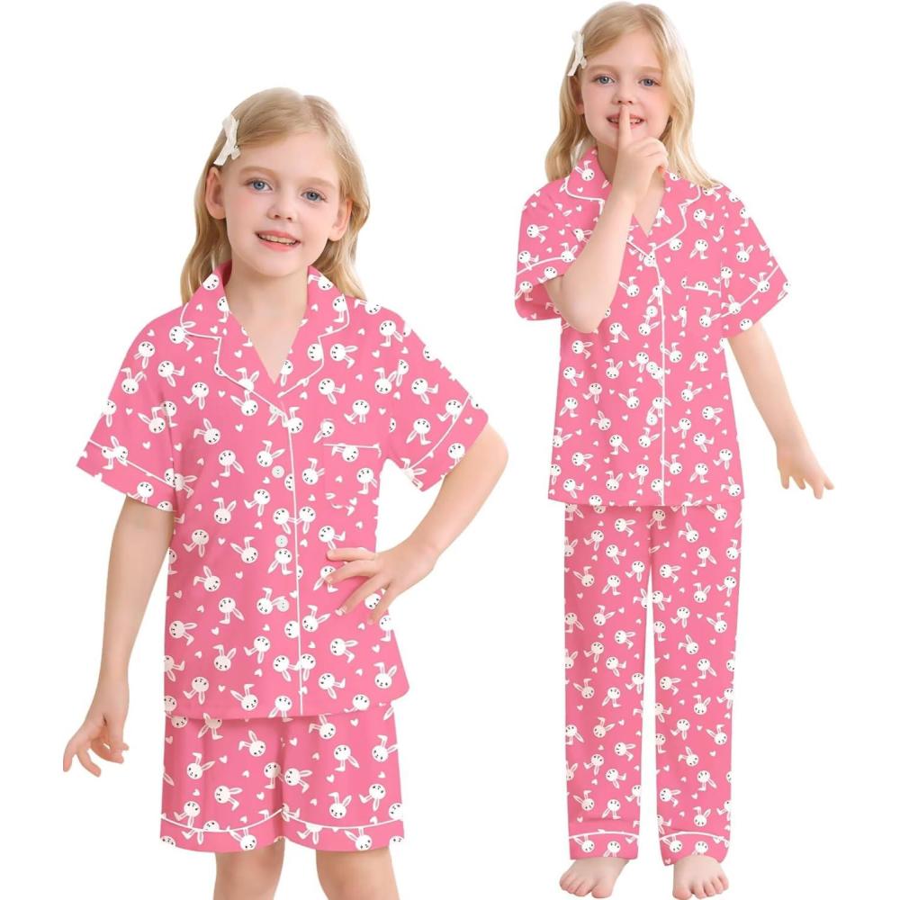 imageSWOMOG Big Girls Pajama Set 3PCS Button Dowm Sleepwear Short Sleeve with ShortampLong Pants PJs Cute Print LoungewearPink Rabbit