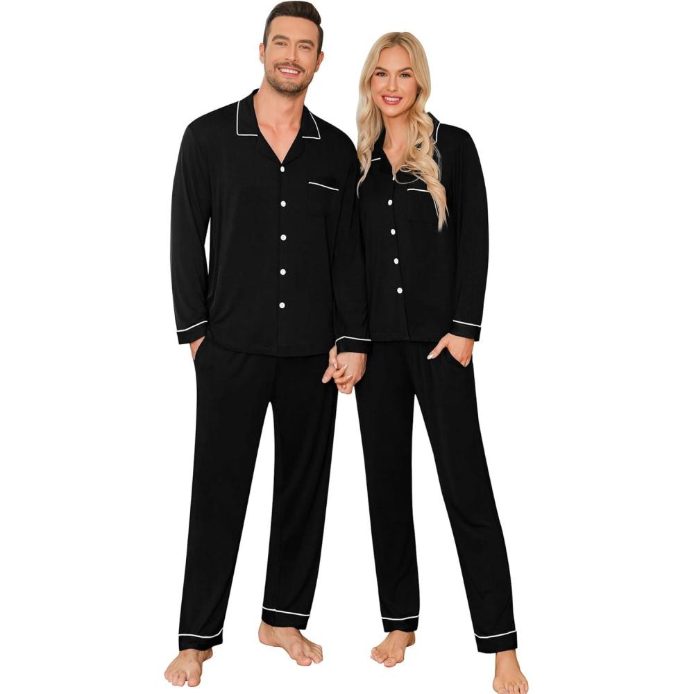 imageSWOMOG Couple Matching Pajamas Set Christmas Pajamas Long Sleeve Button Down Pj Set Festival Party Xmas SleepwearBlack
