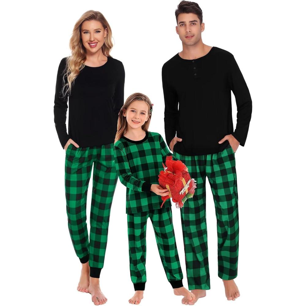 imageSWOMOG Couple Matching Pajamas Set Christmas Pajamas Long Sleeve Button Down Pj Set Festival Party Xmas SleepwearBlack Green Plaid