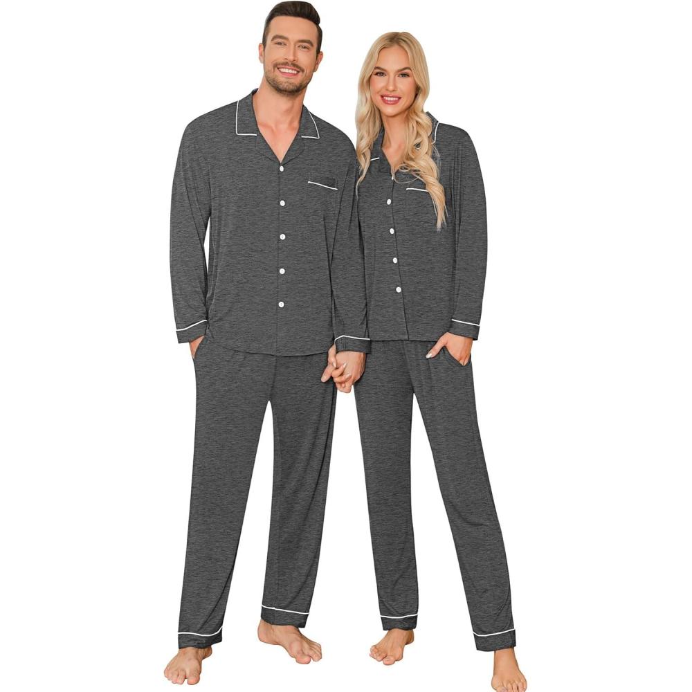 imageSWOMOG Couple Matching Pajamas Set Christmas Pajamas Long Sleeve Button Down Pj Set Festival Party Xmas SleepwearDeep Grey