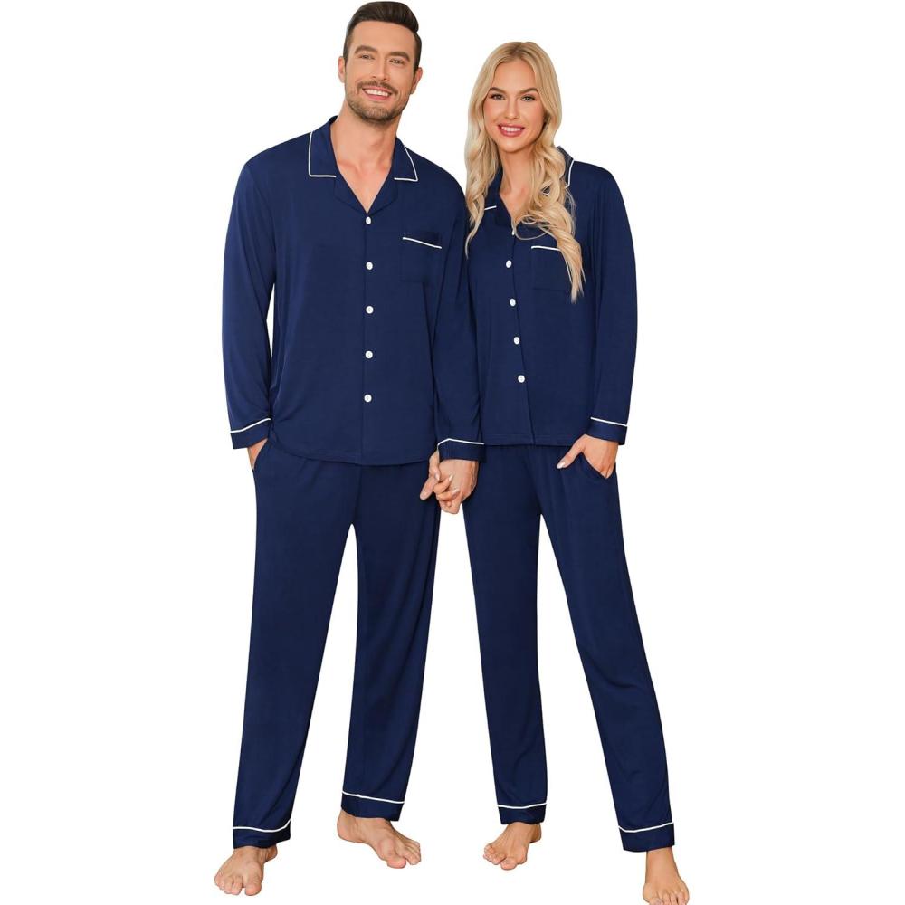 imageSWOMOG Couple Matching Pajamas Set Christmas Pajamas Long Sleeve Button Down Pj Set Festival Party Xmas SleepwearNavy Blue