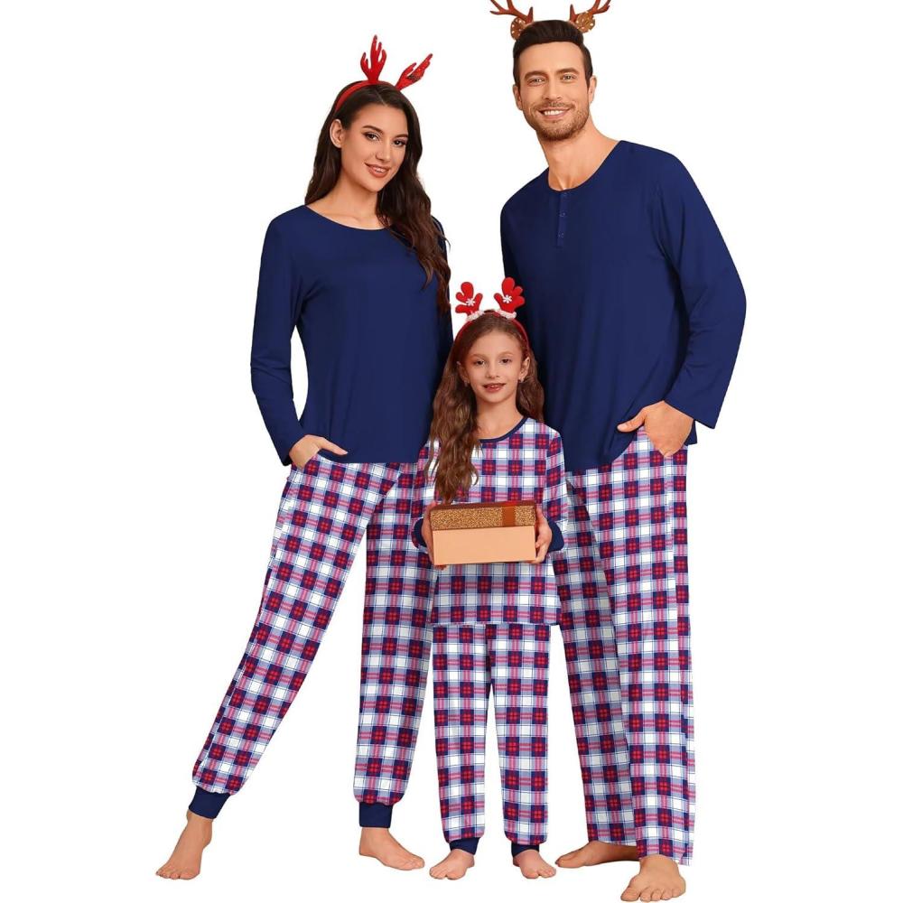 imageSWOMOG Couple Matching Pajamas Set Christmas Pajamas Long Sleeve Button Down Pj Set Festival Party Xmas SleepwearNavy Blue Plaid