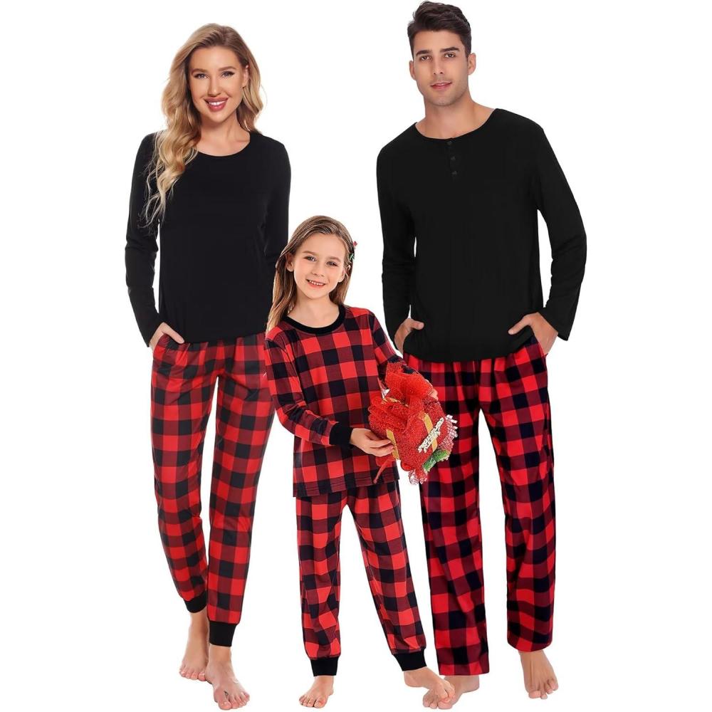 imageSWOMOG Couple Matching Pajamas Set Christmas Pajamas Long Sleeve Button Down Pj Set Festival Party Xmas SleepwearRed Black Plaid