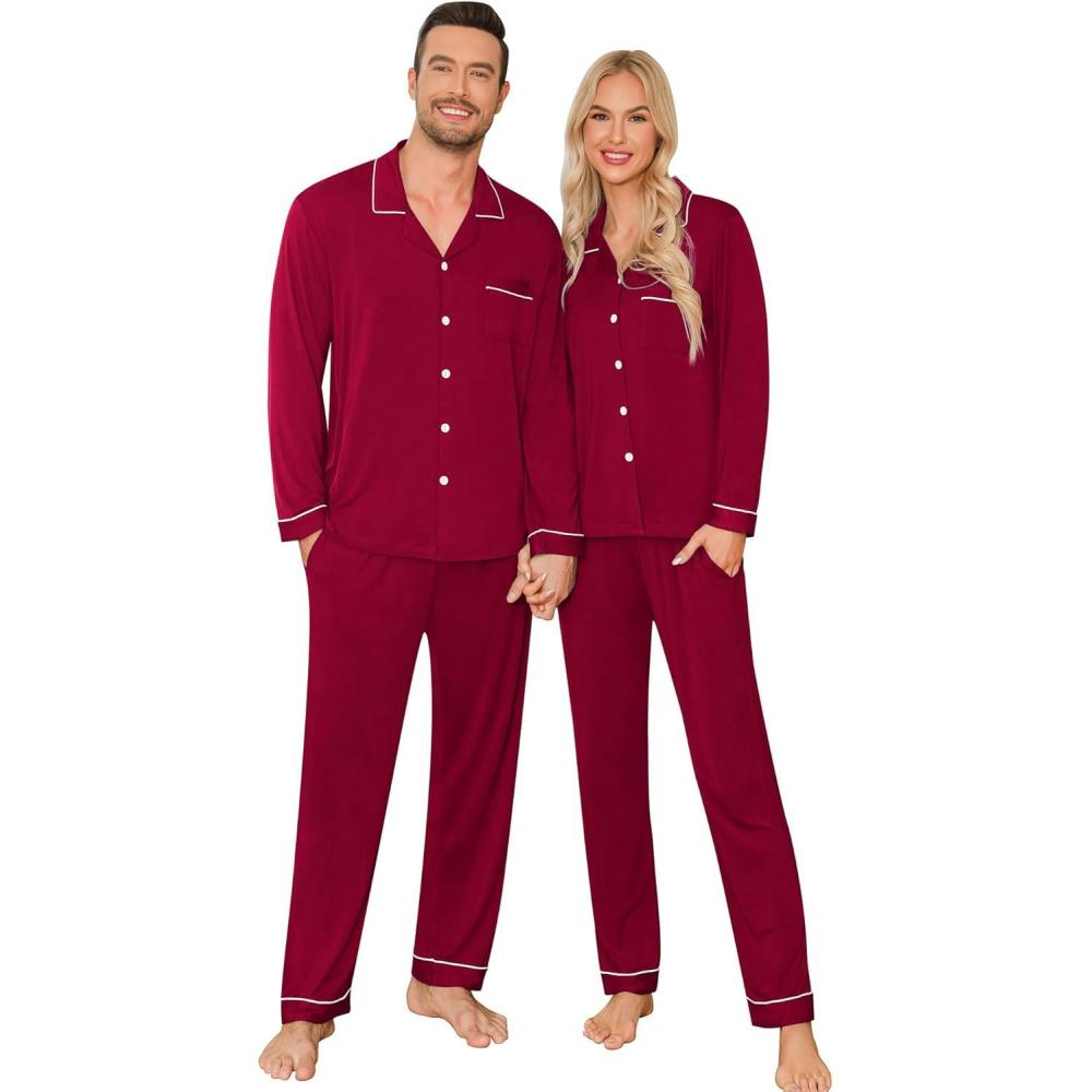imageSWOMOG Couple Matching Pajamas Set Christmas Pajamas Long Sleeve Button Down Pj Set Festival Party Xmas SleepwearWine Red