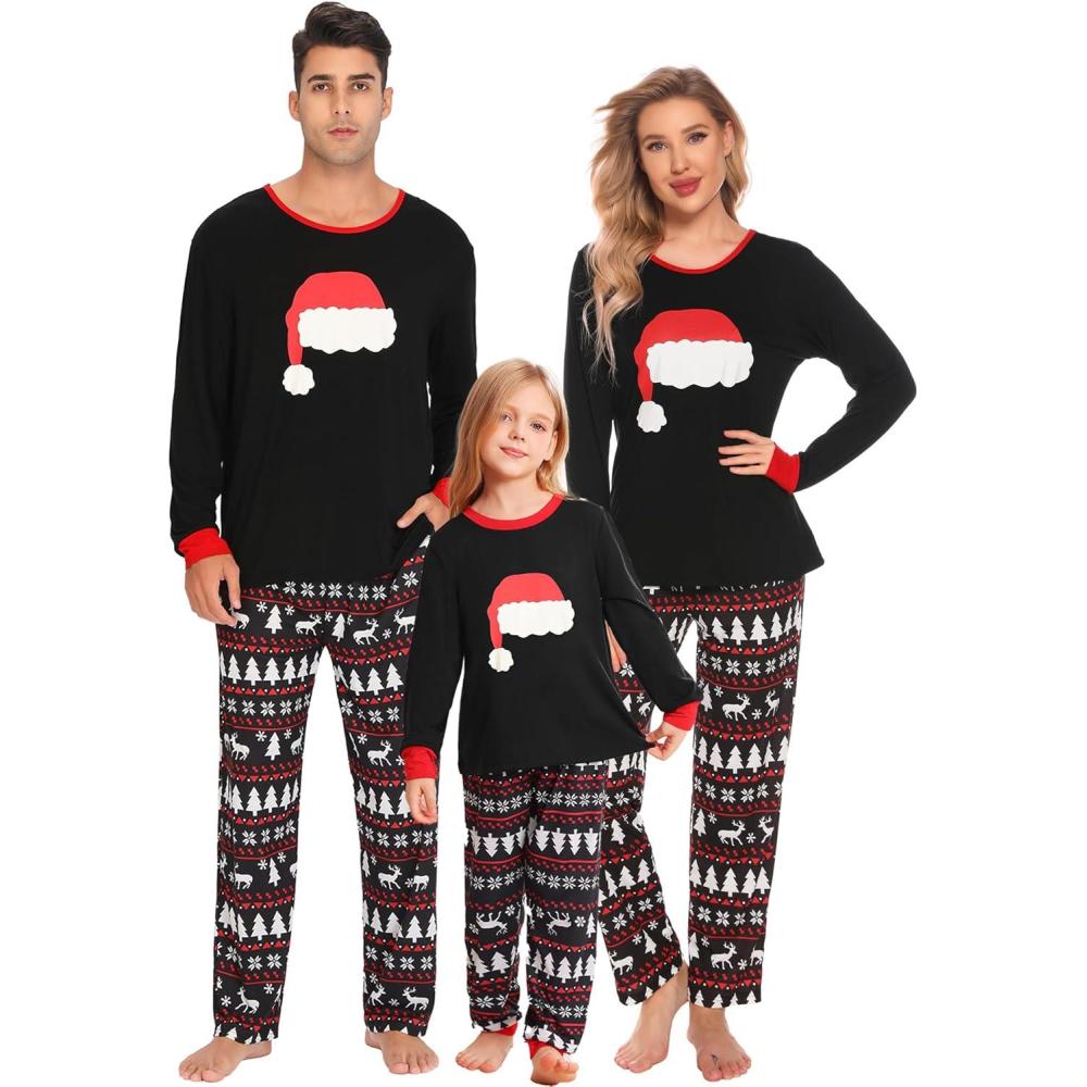imageSWOMOG Couple Matching Pajamas Set Christmas Pajamas Long Sleeve Button Down Pj Set Festival Party Xmas SleepwearZchristmas Hat