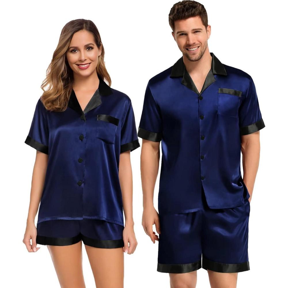 imageSWOMOG Couples Pajama Set Women amp Men Silk Satin Short Sleeve Set Top and Shorts Sleepwear Soft ButtonDown LoungewearDeep Navy Blue
