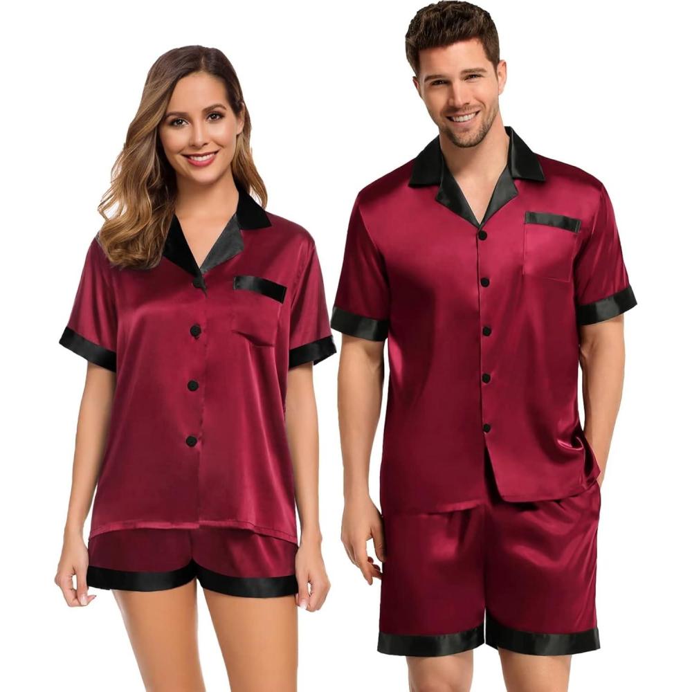 imageSWOMOG Couples Pajama Set Women amp Men Silk Satin Short Sleeve Set Top and Shorts Sleepwear Soft ButtonDown LoungewearDeep Wine RedBlack