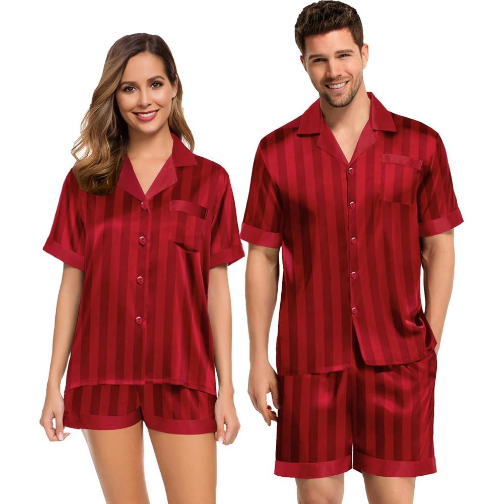 imageSWOMOG Couples Pajama Set Women amp Men Silk Satin Short Sleeve Set Top and Shorts Sleepwear Soft ButtonDown LoungewearRed Striped