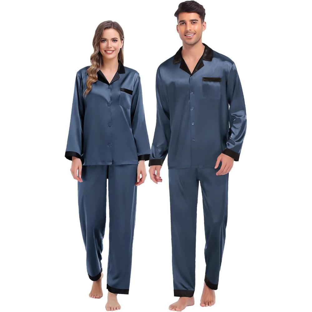 imageSWOMOG Couples Pajama Sets Men amp Women Satin Long Sleeve Sleepwear Silky Classic Button Down Soft Loungewear Pjs SetDeep Grey