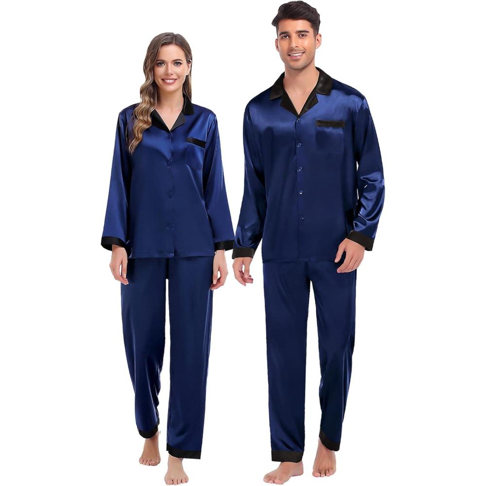 imageSWOMOG Couples Pajama Sets Men amp Women Satin Long Sleeve Sleepwear Silky Classic Button Down Soft Loungewear Pjs SetDeep Navy Blue