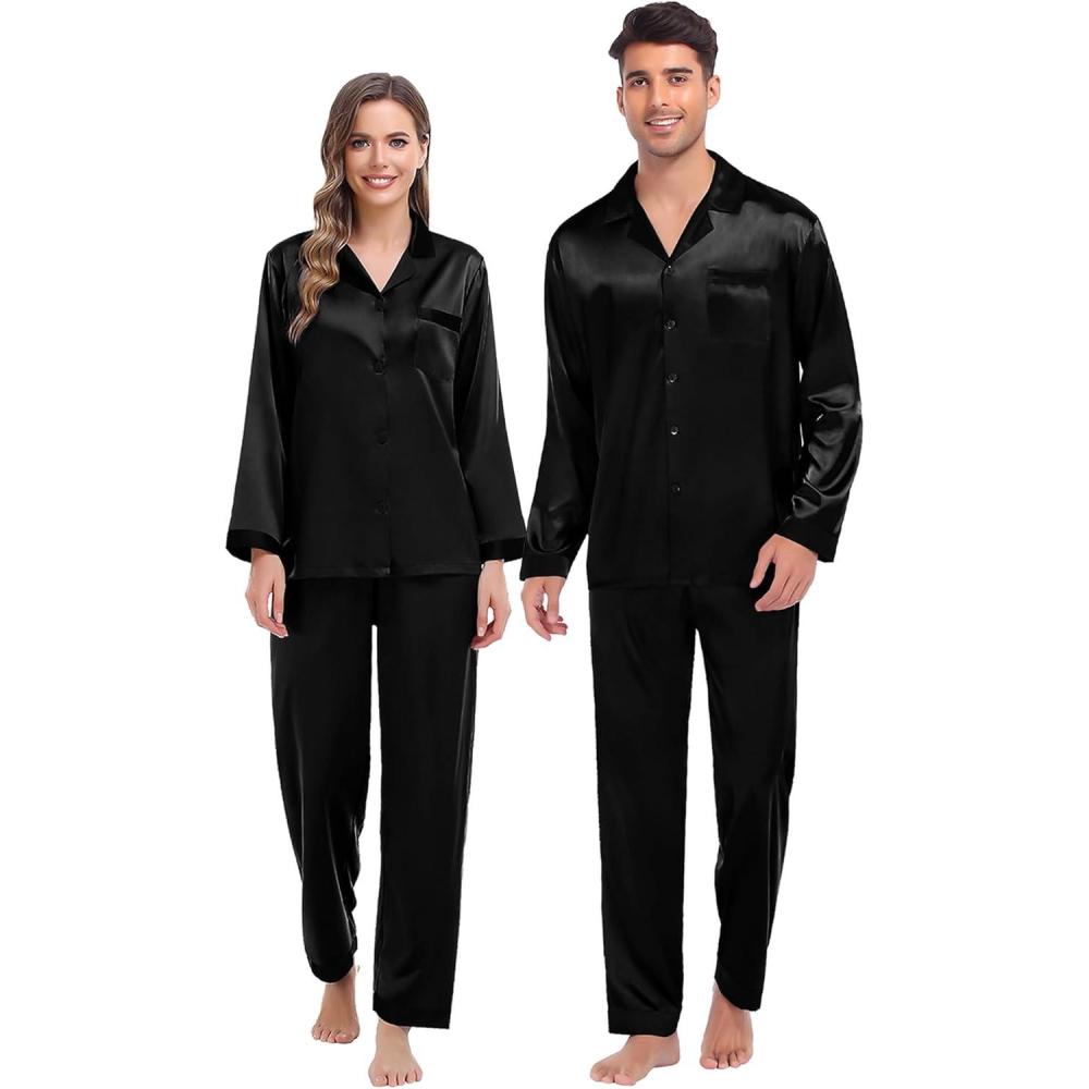 imageSWOMOG Couples Pajama Sets Men amp Women Satin Long Sleeve Sleepwear Silky Classic Button Down Soft Loungewear Pjs SetPure Black