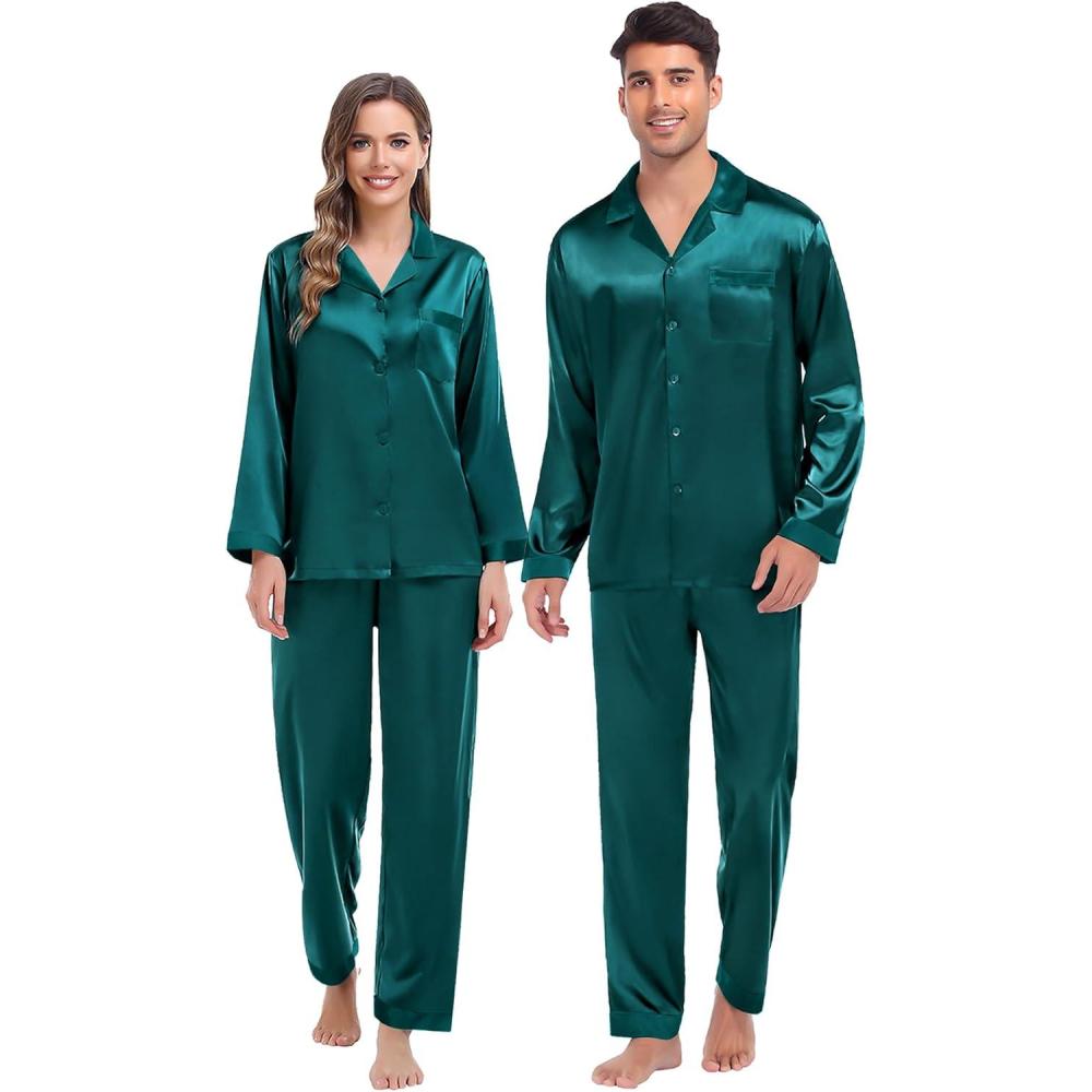 imageSWOMOG Couples Pajama Sets Men amp Women Satin Long Sleeve Sleepwear Silky Classic Button Down Soft Loungewear Pjs SetPure Green