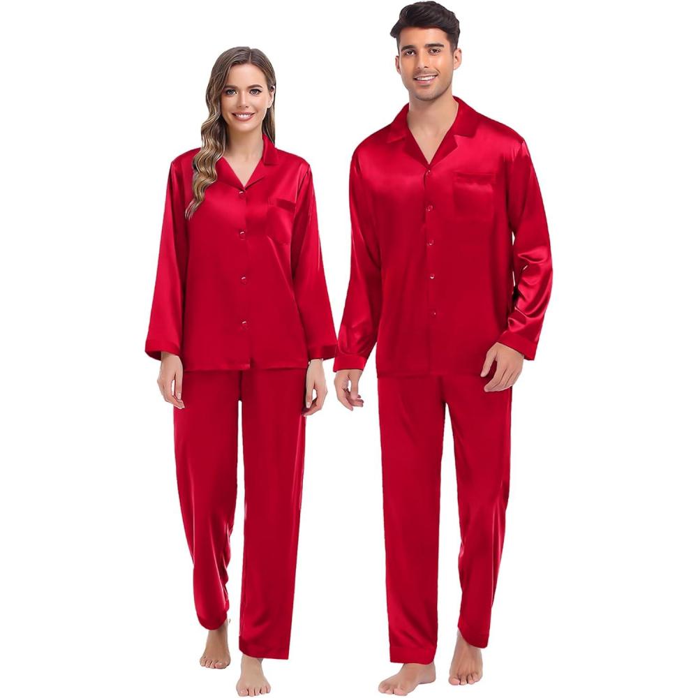 imageSWOMOG Couples Pajama Sets Men amp Women Satin Long Sleeve Sleepwear Silky Classic Button Down Soft Loungewear Pjs SetPure Red