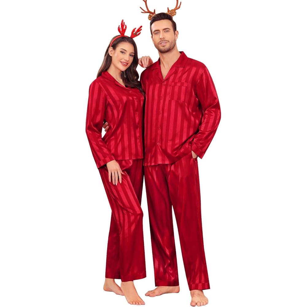 imageSWOMOG Couples Pajama Sets Men amp Women Satin Long Sleeve Sleepwear Silky Classic Button Down Soft Loungewear Pjs SetRed Striped