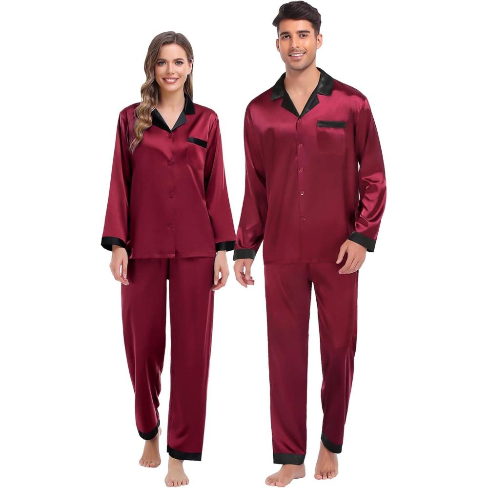 imageSWOMOG Couples Pajama Sets Men amp Women Satin Long Sleeve Sleepwear Silky Classic Button Down Soft Loungewear Pjs SetWine Red