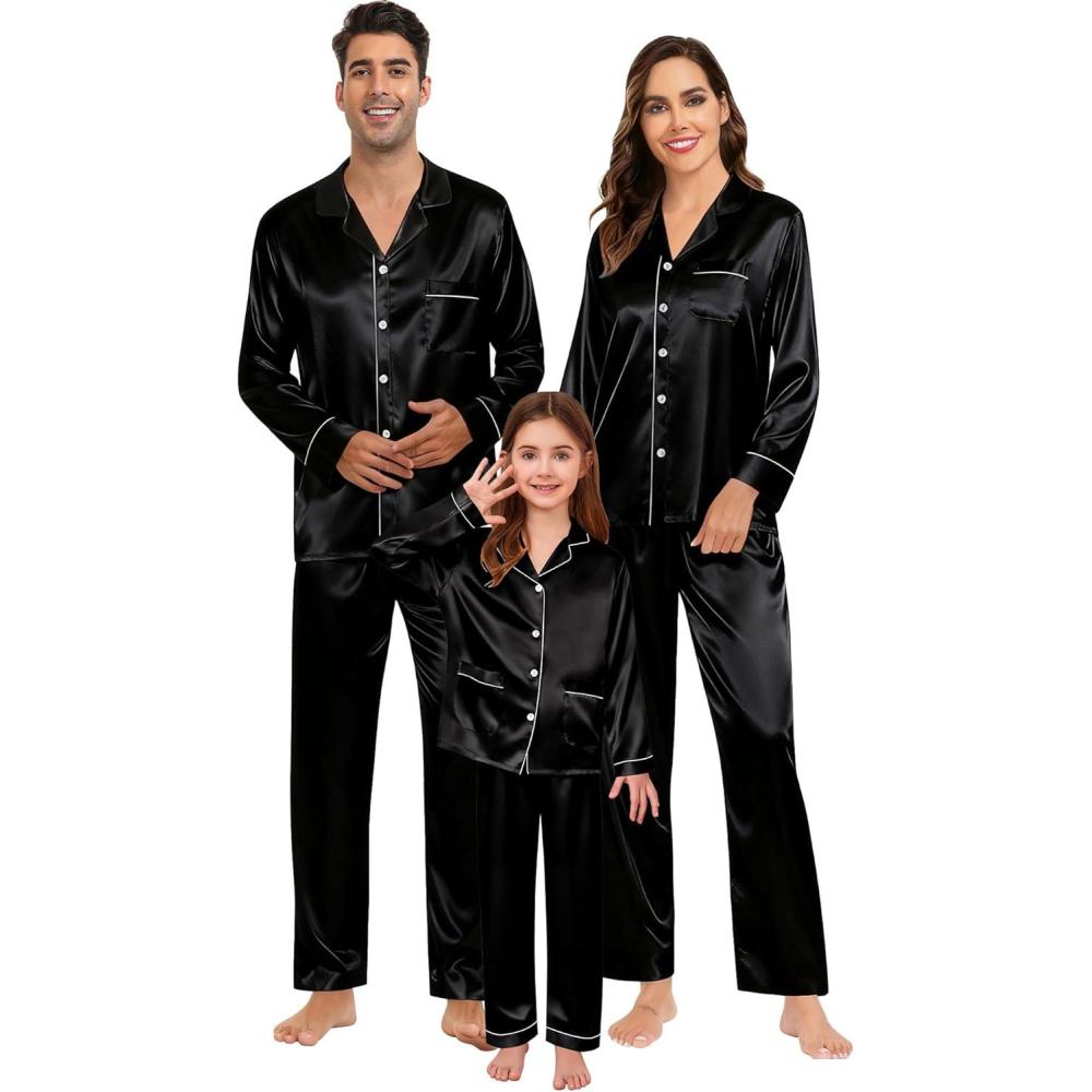 imageSWOMOG Couples Satin Pajamas Set Womens amp Mens Matching Silk Long Sleeve Sleepwear 2 Piece Button Down Pjs Set Lounge SetBlack