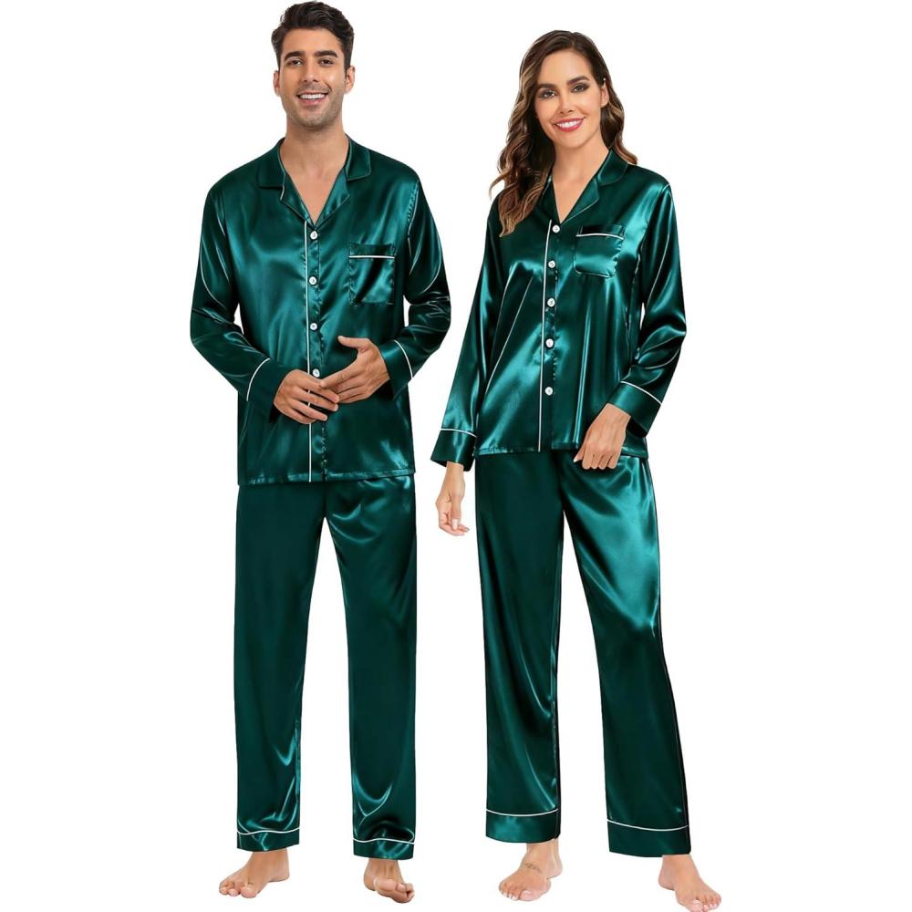 imageSWOMOG Couples Satin Pajamas Set Womens amp Mens Matching Silk Long Sleeve Sleepwear 2 Piece Button Down Pjs Set Lounge SetDeep Green