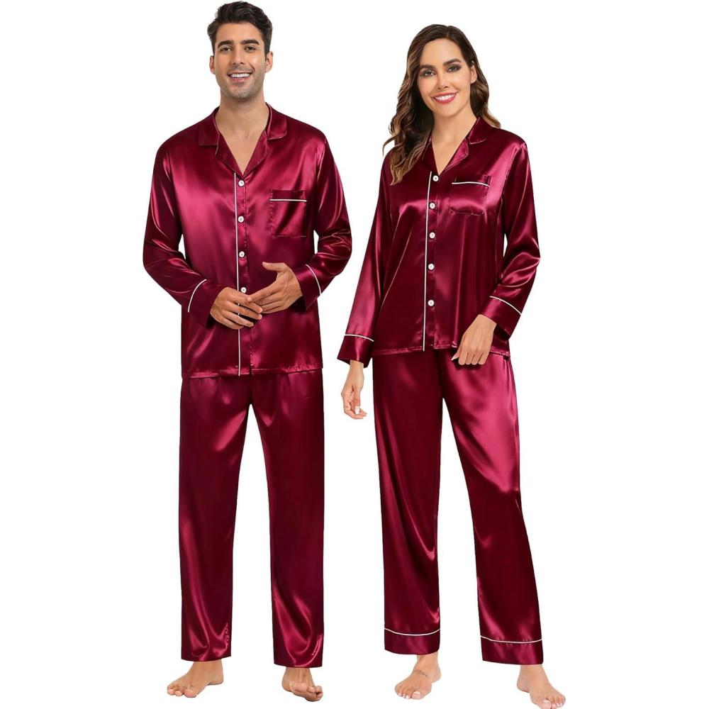 imageSWOMOG Couples Satin Pajamas Set Womens amp Mens Matching Silk Long Sleeve Sleepwear 2 Piece Button Down Pjs Set Lounge SetWine Red