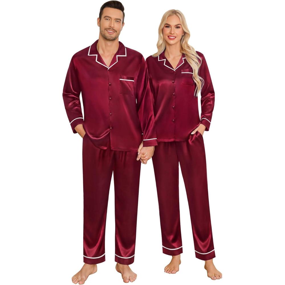 imageSWOMOG Family Christmas Pajamas Matching Sets Silk Family Pajamas Long Sleeve Button Down Pj SetDeep Wine Red