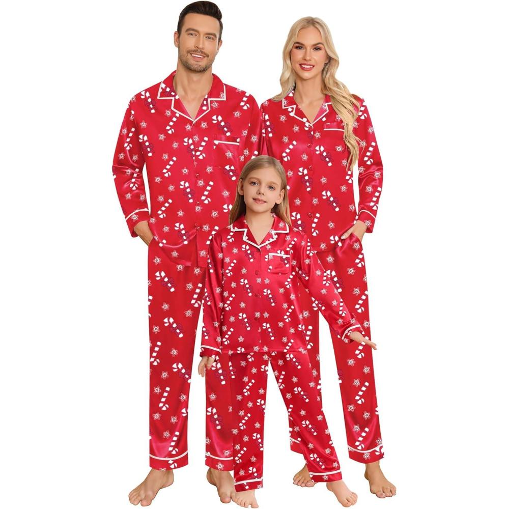 imageSWOMOG Family Christmas Pajamas Matching Sets Silk Family Pajamas Long Sleeve Button Down Pj SetRed Candy Crutch