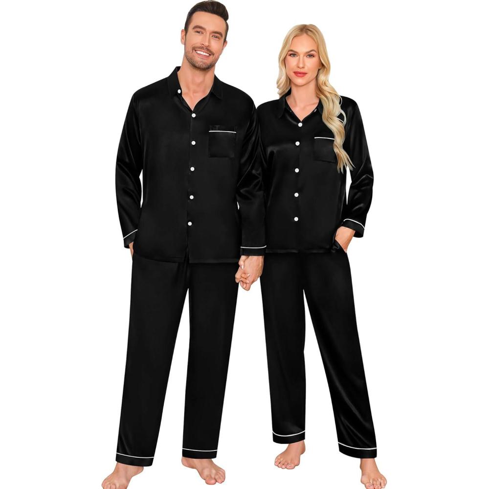 imageSWOMOG Family Matching Pajama Set Silky Satin Pajamas Long Sleeve Sleepwear Button Down Loungewear 2 Pcs Pj SetZ Black With Classic Collar