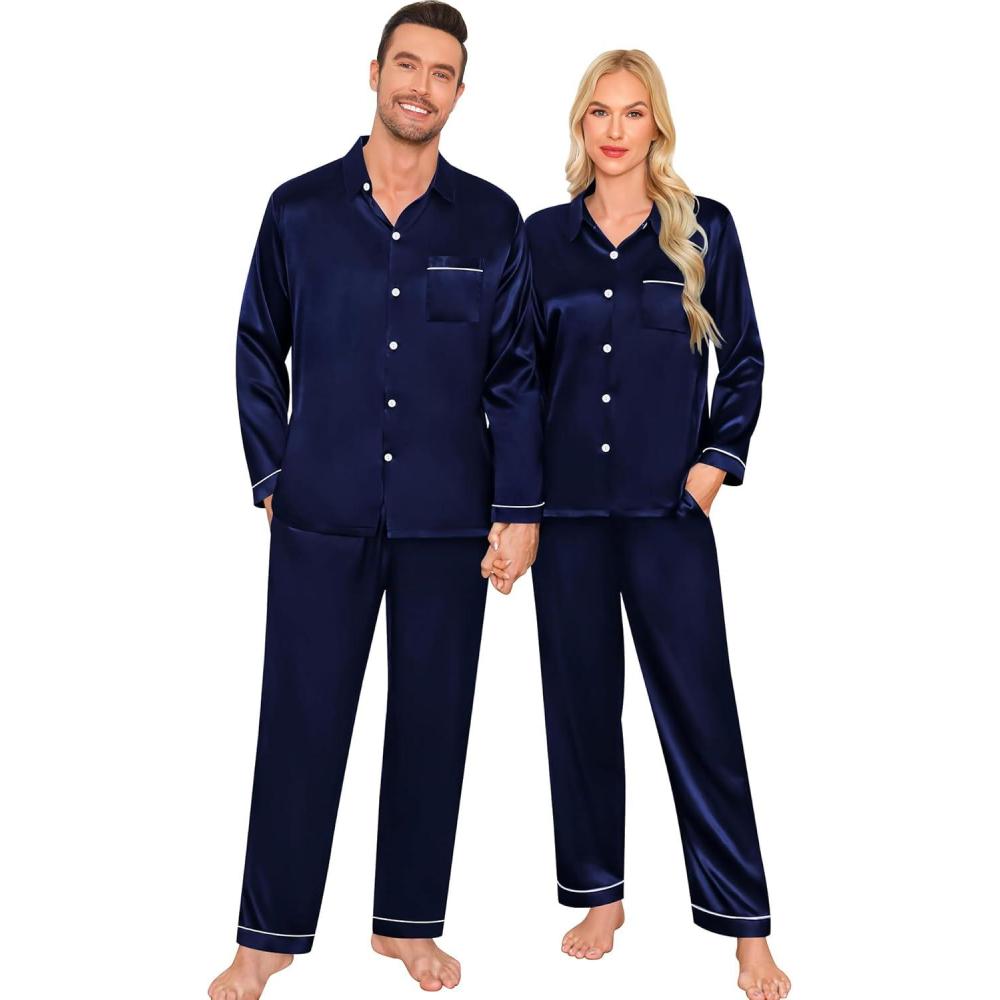 imageSWOMOG Family Matching Pajama Set Silky Satin Pajamas Long Sleeve Sleepwear Button Down Loungewear 2 Pcs Pj SetZ Deep Navy Blue With Classic Collar