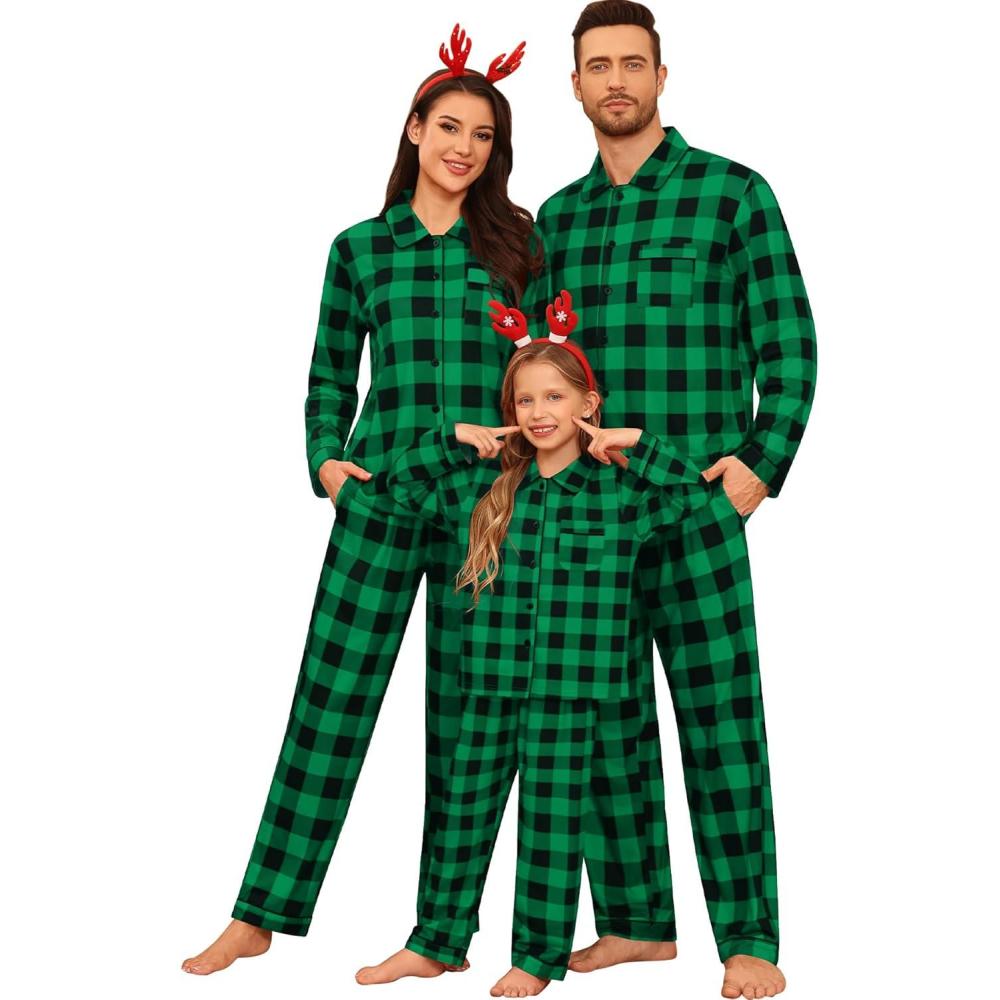 imageSWOMOG Family Matching Pajamas Set Button Down Sleepwear Long Sleeve Nightwear Christmas PJS Holiday PajamasGreen With Black Grid