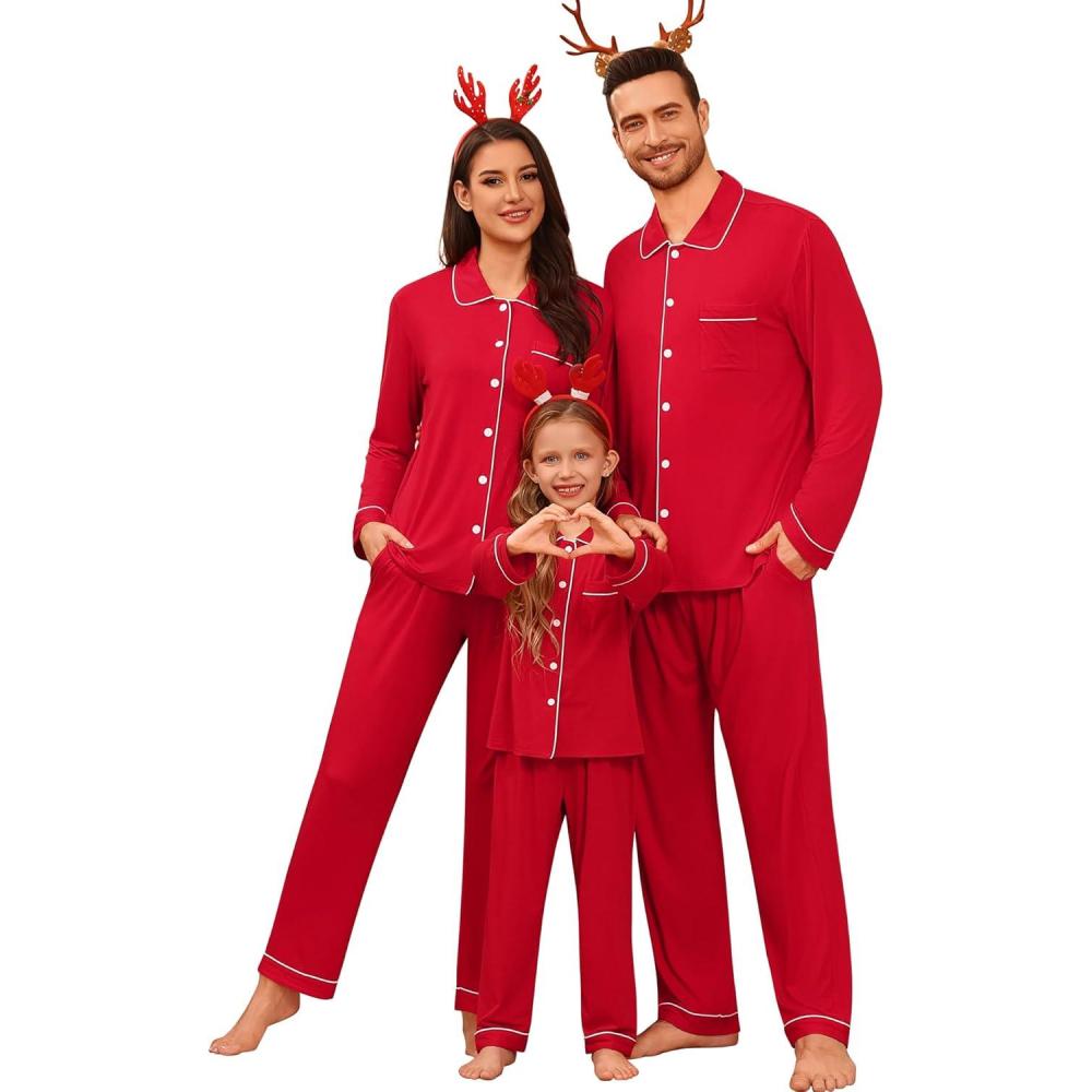 imageSWOMOG Family Matching Pajamas Set Button Down Sleepwear Long Sleeve Nightwear Christmas PJS Holiday PajamasRed